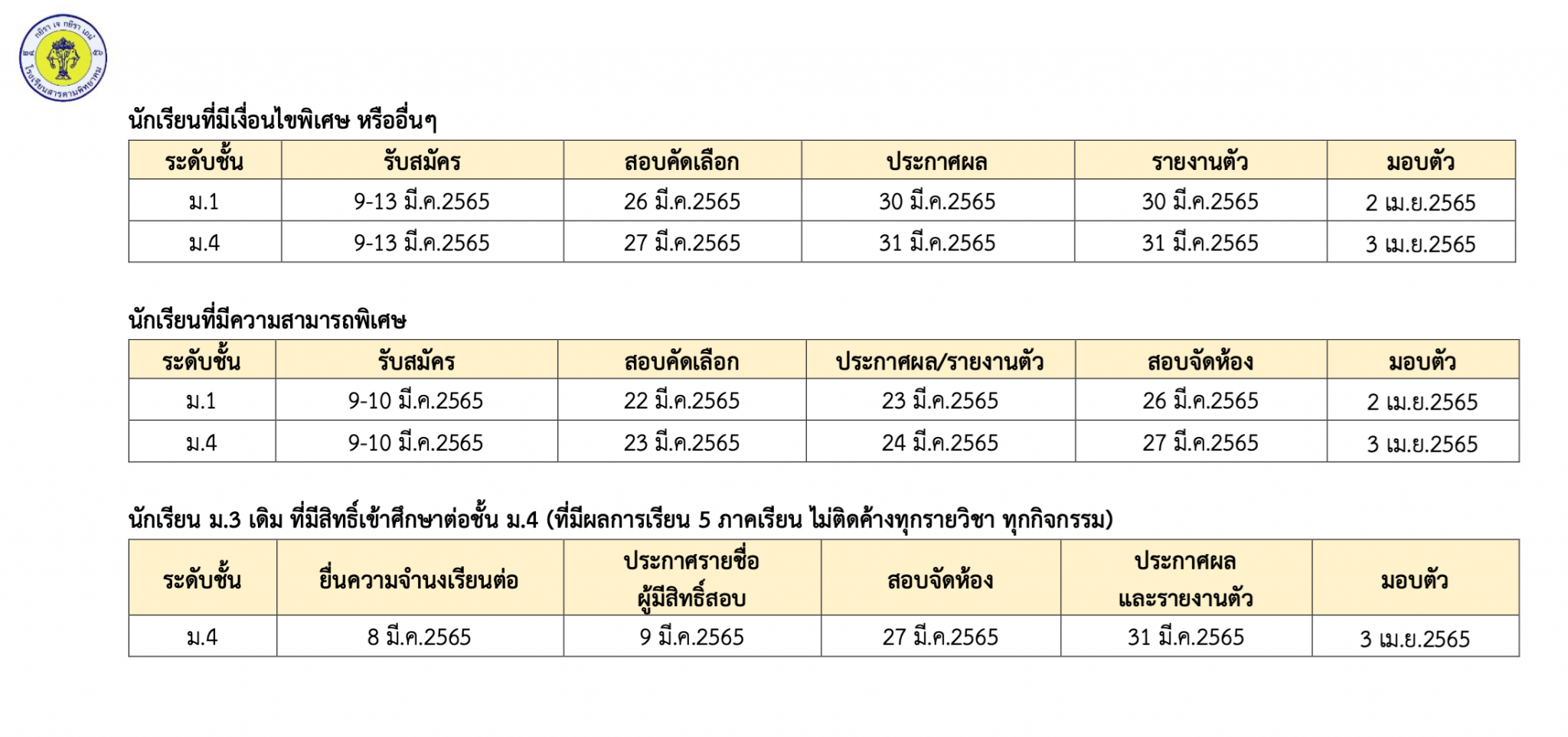 ปฏิทินการรับนักเรียน ม.1 และ ม.4 ประจำปีการศึกษา 2565 โรงเรียนสารคาม